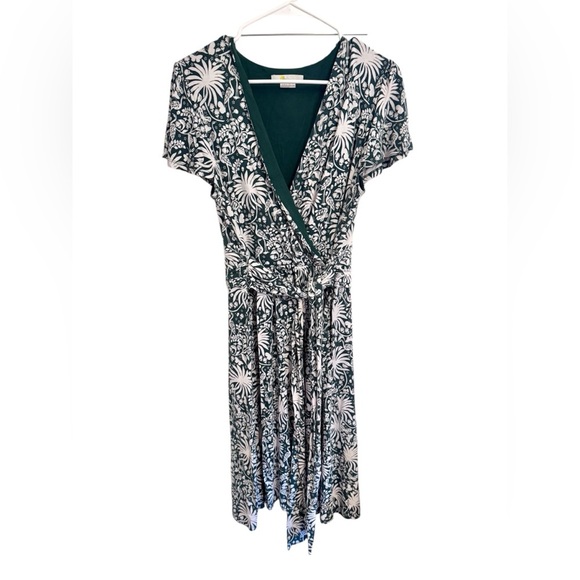 Boden Evangeline Jersey Wrap Dress Short Sleeve Green White Floral Bird Tropical - Picture 1 of 8